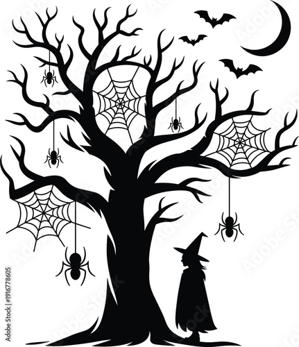 Halloween spooky silhouette haunted tree witch spiders cobweb bats moon creepy horror dark eerie gothic illustration
