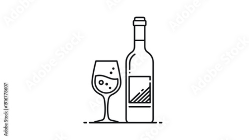 Elegant line art of a wine bottle and a partially filled glass on a table surface for restaurant menus or beverage branding designs.