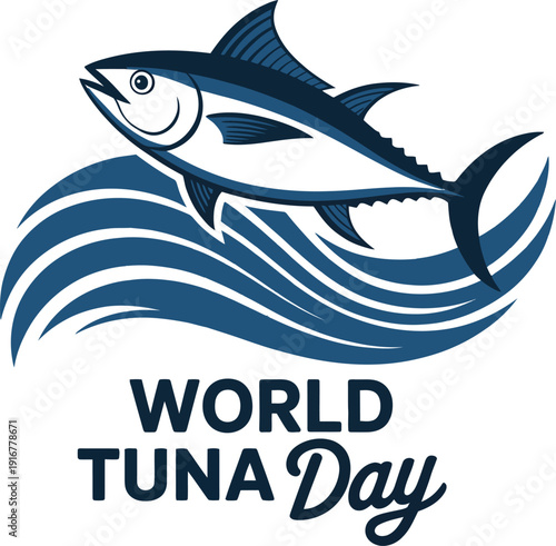 World Tuna Day illustration with blue tuna fish swimming in ocean waves on transparent  background