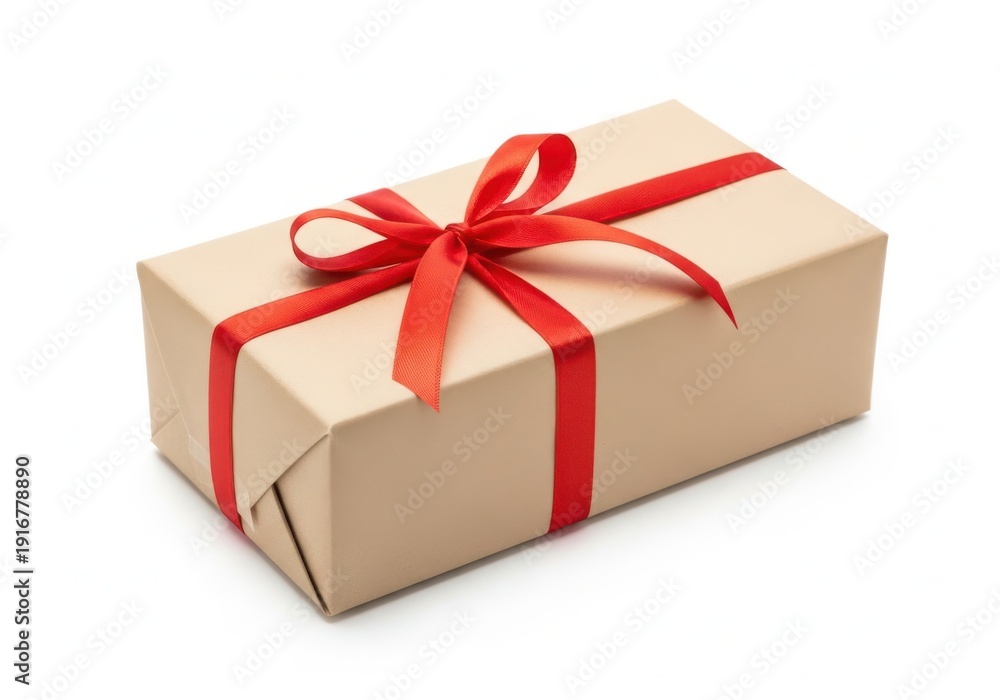 Obraz premium A neatly wrapped gift box tied with a vibrant red ribbon on a plain background