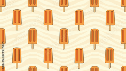 Repeating pattern of orange fruit flavored popsicles on a wavy cream background for refreshing summer treats and dessert themes.