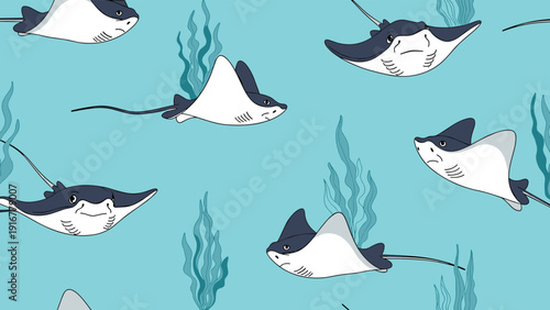 Beautiful seamless pattern of stingrays swimming among blue green seaweed in the ocean for marine life and underwater themes.