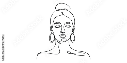 Illustration of minimalist one line drawing of woman with bun and earrings