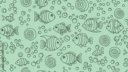 Seamless marine pattern featuring outlined fish swimming among air bubbles and swirls on a soft mint green background.