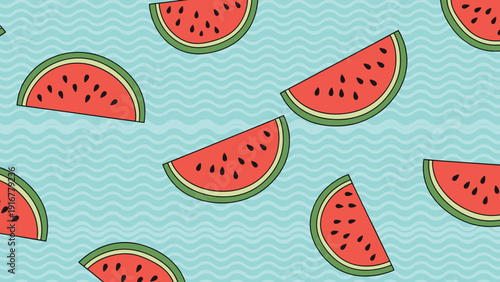 Summer pattern with juicy red watermelon slices floating over a light blue background decorated with subtle wavy water lines.