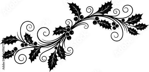 Stylized Holly Leaf Branch with Berries Silhouette for Winter Holiday Decorative Borders
