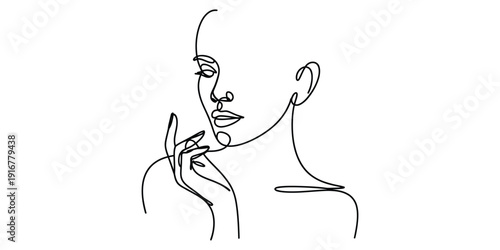 Illustration of minimalist one line drawing of a womans face and hand