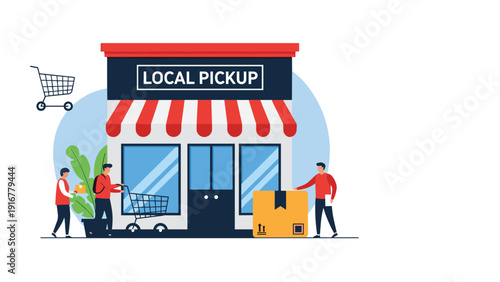 Flat illustration of people picking up packages at a local pickup store with a shopping cart and large delivery boxes.