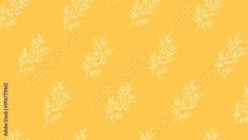 Delicate white outlines of leafy branches repeated in a seamless pattern over a solid warm yellow background for textiles.