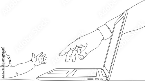 Father's day  Continuous single line drawing of an adult hand reaching toward a baby over a laptop, symbolizing the interaction between childhood, technology, digital parenting, and the future.