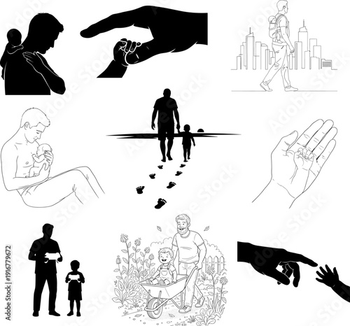 Father's day  Comprehensive Fatherhood Moments Vector Collection: Silhouettes and Line Art of Dads and Sons, Illustrating Bonding, Care, Growth, and Paternal Love from Newborn to Childhood Stages