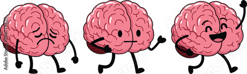 Cartoon brain characters showing different emotions of sadness neutral mood and happiness for mental health concept