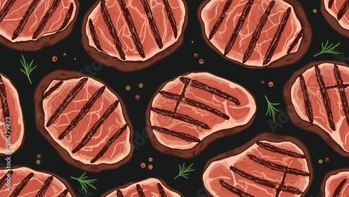 Mouth-watering seamless pattern of juicy grilled steaks with char marks and herb sprigs on a dark charcoal background.