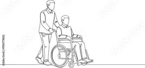 Continuous one line drawing of a caregiver pushing an elderly man in a wheelchair for healthcare
