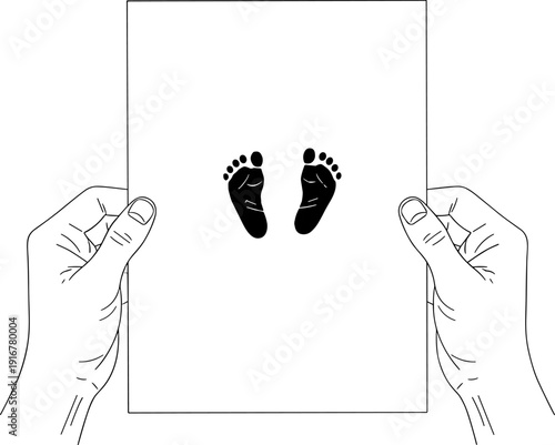 Father's day Newborn Footprints on Paper: Black and White Vector Line Art Illustration of Hands Holding a Cherished Birth Document or Keepsake, Ideal for Maternity and Family Themes.