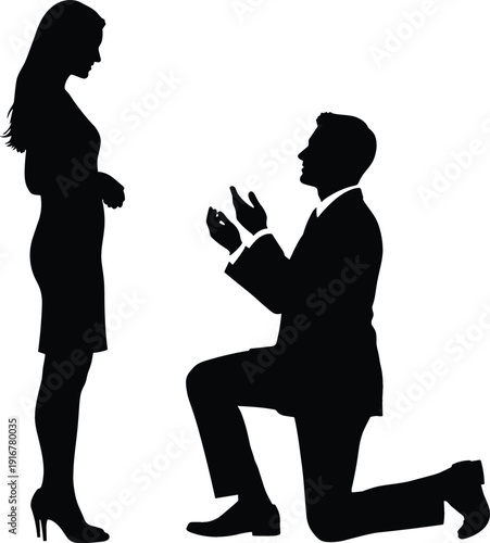 Black silhouette vector of a man kneeling down to propose marriage to a woman