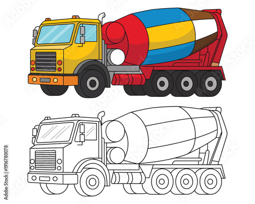 Concrete mixer truck vector illustration with coloring book page for children education about construction vehicles and heavy machinery transport