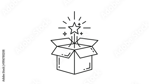 Outlined icon of an open cardboard box with a glowing star rising from it, representing a surprise, reward, or magic.