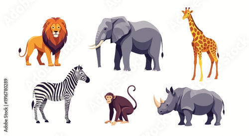 Vibrant cartoon safari animals in modern illustration style