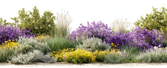 A vibrant, layered garden bed featuring purple, yellow, and green foliage against white