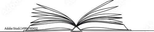 Continuous one line drawing of an open book with fluttering pages for education and literature