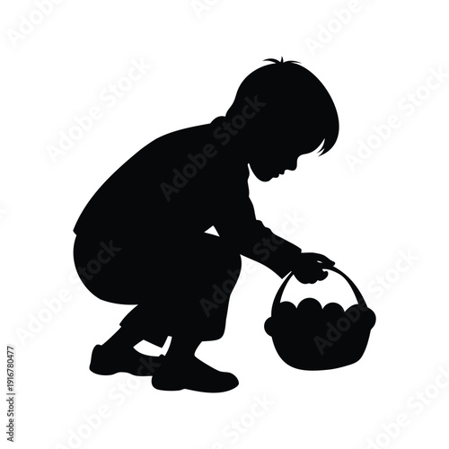 child hiding easter eggs silhouette vector illustration, A child collecting eggs in a basket, a charming silhouette vector illustration