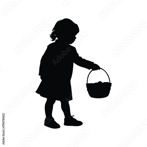 child with easter basket silhouette vector illustration, Little girl holding basket in hand silhouette vector illustration design