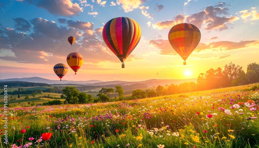 Fototapeta premium Colorful hot air balloons floating above a green landscape during a warm sunrise