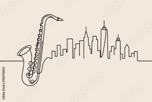 Saxophone silhouette with city skyline background in minimalistic style