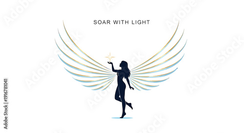 Inspirational woman with wings and light vector icon. Includes silhouette, wings, star. Created in minimalist style with gold, blue, and black palette.