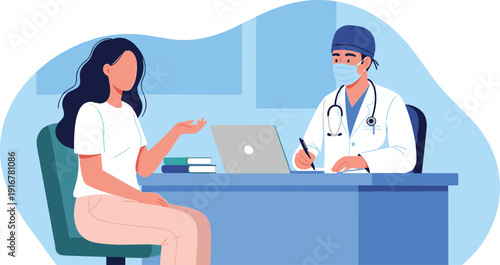 Flat vector illustration of a female patient consulting a male doctor in a modern medical office