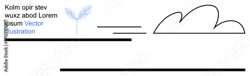 Graphic design, marketing, branding, nature, eco-friendly , minimalism. A single blue leaf, text horizontal lines and a cloud outline. Nature and graphic design concept