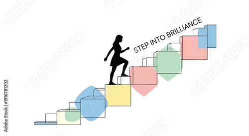 Business success staircase vector illustration, STEP INTO BRILLIANCE motivational phrase, colorful geometric shapes.