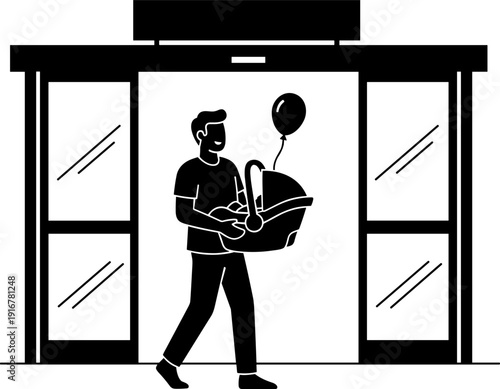 Father's day Happy Father Leaving Hospital with Newborn Baby in Car Seat and Balloon - Simple Glyph Vector Icon for Parenthood, Birth, Family Homecoming, and Childcare Concepts Illustration