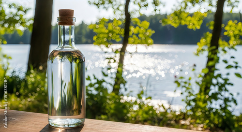 A clear glass bottle of vodka on a wooden surface by a lake