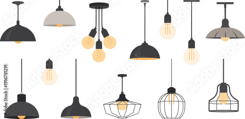 Pendant, lights, collection, hanging, lamps, bulbs, lighting, interior, modern, industrial, decor, isolated, white, background, vector, flat, minimal, design, set, illustration