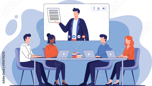 Flat vector illustration of a professional team participating in an online seminar or corporate video conference
