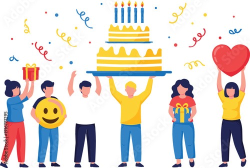 Flat vector illustration of a group of friends celebrating a birthday with a large cake and gifts