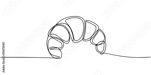 Croissant food pastry continuous one line drawing minimalist style isolate outline vector sketch, Croissant in continuous line art drawing style. Black line sketch on white background. one line Art