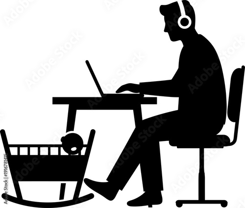 Father's day  Silhouette illustration of a businessman sitting at a desk and working on a laptop in an office setting