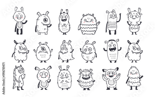 set of cartoon monsters. Cute monster in doodle style. Kids funny character design for posters, cards, magazins. Line. Vector illustration