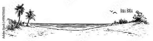 Tropical beach with palm trees and ocean view hand-drawn vector illustration