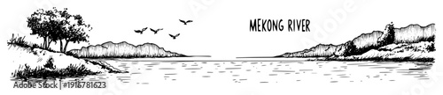 Mekong river landscape with distant hills and trees hand-drawn vector