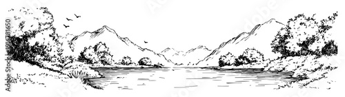 Mountain lake scenery with forest hand-drawn line art illustration