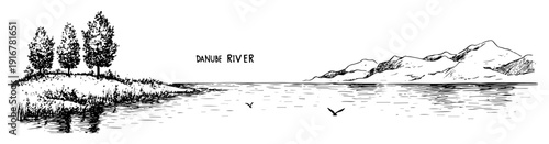 Danube river landscape with trees and hills minimal vector drawing