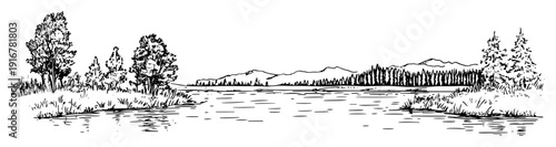 Forest lake landscape with distant hills hand-drawn line vector