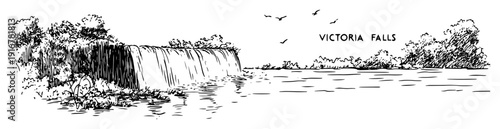 Victoria falls waterfall with surrounding forest hand-drawn black and white
