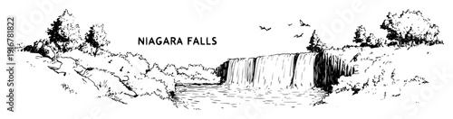 Niagara falls illustration with trees and water flow minimal hand-drawn vector