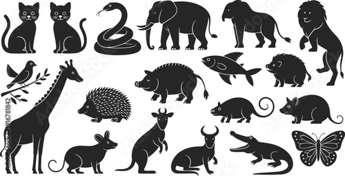 Animal, silhouettes, collection, black, wildlife, safari, zoo, nature, icons, vector, minimal, flat, design, isolated, white, background, set, bundle, graphic, illustration