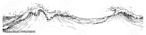 Ocean waves crashing line art hand-drawn monochrome illustration